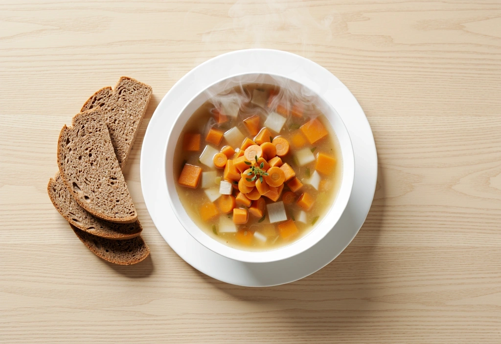 Höyryävää vihanneskeittoa kulhossa