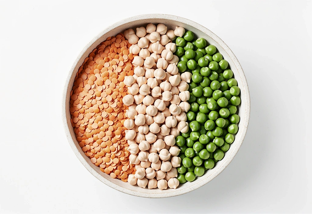 Linssejä, papuja ja herneitä kulhoissa